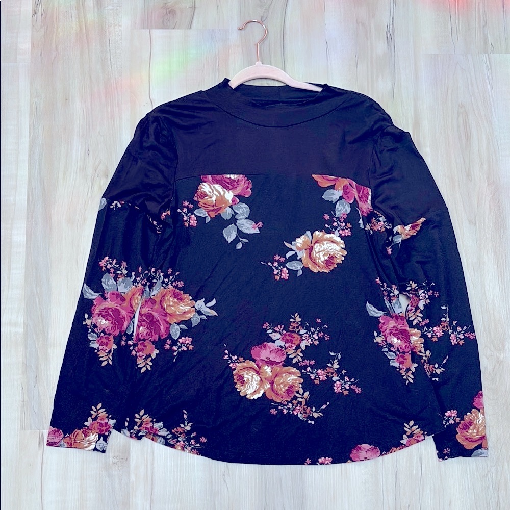 Woman’s Floral Black Long Sleeve Top